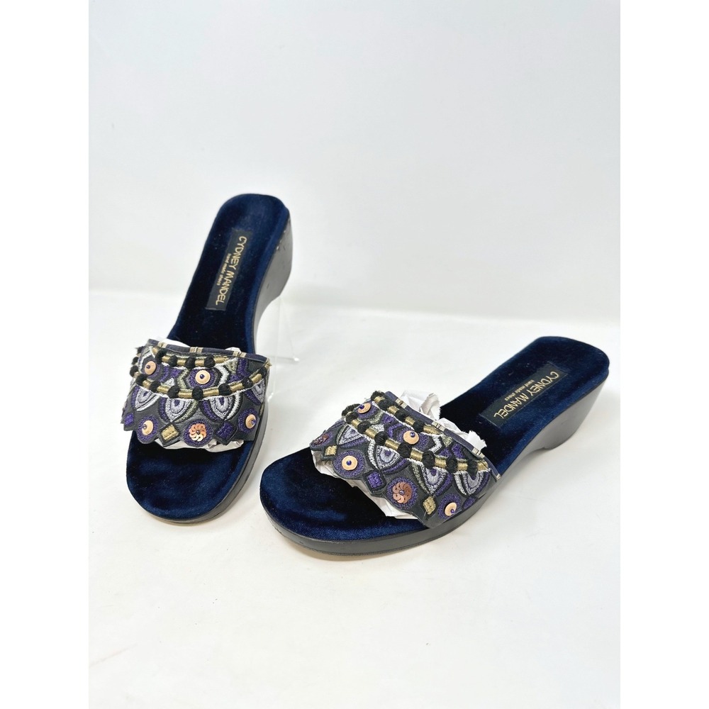 Cydney Mandel Mademade Embroidered Wood Wedge  Moho‎ Slides Blue 8